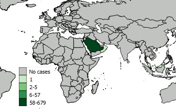 A figure indicating the spatial distribution of reported MERS cases from January 1, 2018 to April 30, 2018.
