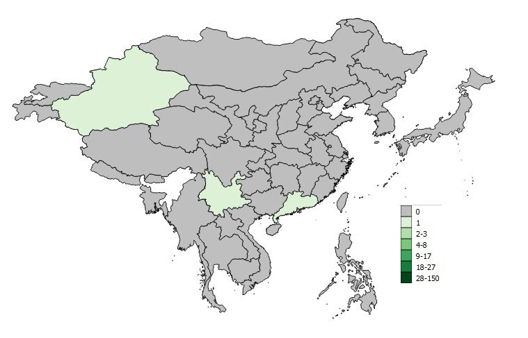 Une figure indiquant la répartition spatiale des cas signalés de la grippe aviaire A(H7N9) en Chine de 1 octobre 2018 au 30 avril 2018.
Description longue
La répartition spatiale des cas déclarés de la grippe aviaire A(H7N9) en le 6e vague entre 1 octobre 2018 et le 30 avril 2018 est présentée dans la figure 2. Entre le 1 octobre 2018 et le 30 avril 2018, 3 cas sont déclarés; les 3 cas de la 6e vague sont répartis dans la province du Guangdong, la région autonome ouïghoure du Xinjiang et la province du Yunnan.
