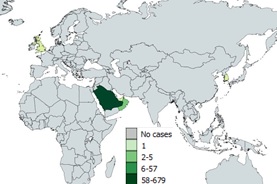 A figure indicating the spatial distribution of reported MERS cases from January 1, 2018 to August 31, 2018.