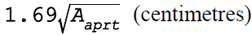 1.69 multiplied by the square root of the area of the active aperture (square centimeters)