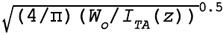 The square root of the product of 4 divided by pi, multiplied by the  square root of the quotient of ultrasonic power divided by the temporal-average intensity as a function of z (centimeters)