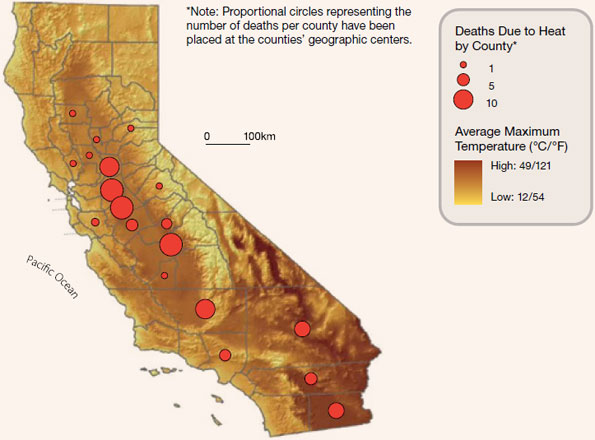 Figure 4: Geographic distribution of deaths in California due to heat - July, 2006