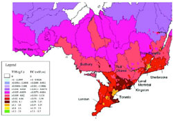 Figure 22 Estimates for total dissolved solids (TDS) and electrical conductivity (EC) of average soil solution and surface waters, by level 2 watersheds and by municipal boundary, Ontario and Quebec (from Morin et al., 2000)