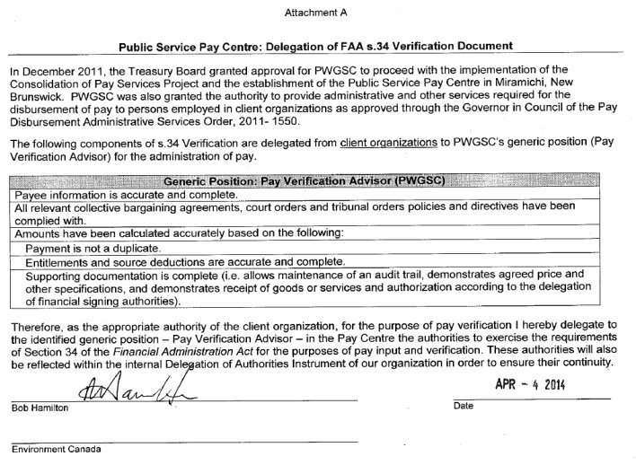 Public Service Pay Centre: Delegation of FAA s.34 Verification Document. An image of the original signed document.