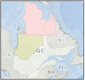 Territoires d’application du chapitre 22 (territoire cri) et du chapitre 23 (territoire inuit et naskapi) du régime de protection environnemental et social de la Convention de la Baie James et du Nord québécois.