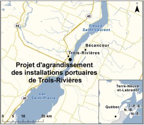 Carte indiquant l’emplacement du projet d’agrandissement des installations portuaires de Trois Rivières.