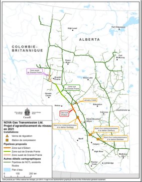 Carte indiquant l’emplacement du projet d’agrandissement du réseau de NGTL en 2021 de Nova Gas Transmission Ltd.