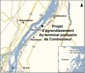 Carte indiquant l’emplacement du projet d’agrandissement du terminal portuaire de Contrecoeur. 