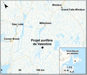 Carte indiquant l’emplacement du projet aurifère de Valentine.