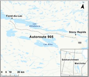 Carte indiquant l’emplacement de l’Autoroute 905, route toutes saisons de Stony Rapids au Lac Athabasca près de Fond-du-Lac.