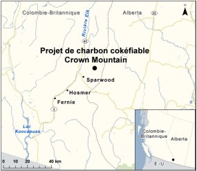 Carte indiquant l’emplacement du projet de charbon cokéfiable Crown Mountain.