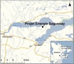 Carte indiquant l’emplacement du projet Énergie Saguenay.