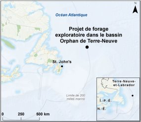Carte indiquant l’emplacement d u projet de forage exploratoire dans le bassin Orphan de Terre-Neuve.
