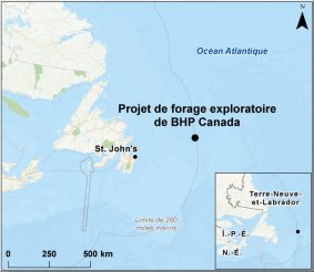 Carte indiquant l’emplacement du projet de forage exploratoire de BHP Canada.