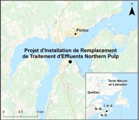 Carte indiquant l’emplacement du Project d’Installation de Remplacement de Traitement d’Effluents Northern Pulp.