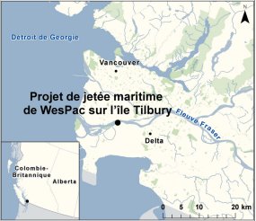Carte indiquant l’emplacement du projet de jetée maritime de WesPac sur l’île Tilbury.