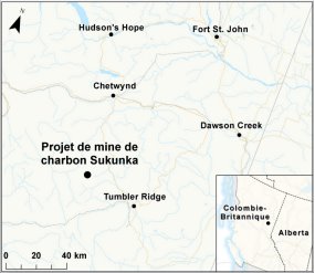 Carte indiquant l’emplacement du projet de mine charbon de Sukunka.