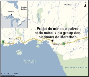 Carte indiquant l’emplacement du projet de mine de cuivre et de métaux du groupe des platineux de Marathon.