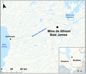 Carte indiquant l’emplacement de le Mine de lithium Baie James.