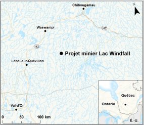 Carte indiquant l’emplacement du projet minier lac Windfall.