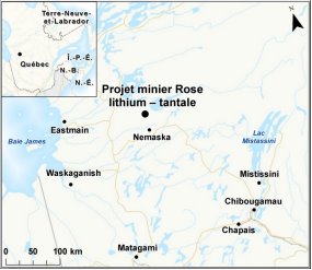 Carte indiquant l’emplacement du projet minier Rose lithium – tantale.