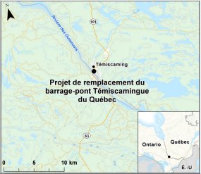Carte indiquant l’emplacement du projet remplacement du barrage-pont Témiscamingue du Québec.