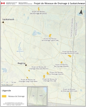 Carte indiquant l’emplacement du Réseau de drainage agriculturel de la Saskatchewan (neuf projets).