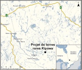 Carte indiquant l’emplacement du projet de terres rares Kipawa.