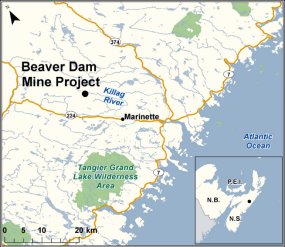 Map showing the location of Beaver Dam Mine Project.