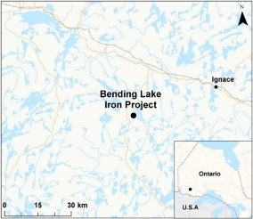 Map showing the location of Bending Lake Iron Project.