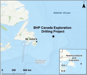 Map showing the location of BHP Canada Exploration Drilling Project.