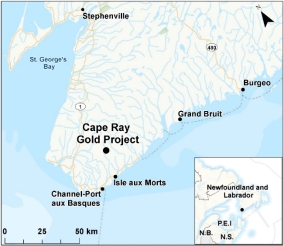 Map showing the location of Cape Ray Gold Project.