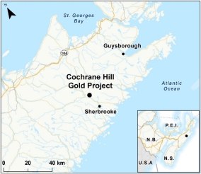 Map showing the location of Cochrane Hill Gold Project.