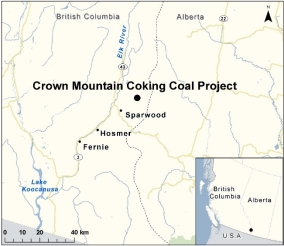 Map showing the location of Crown Mountain Coking Coal Project.