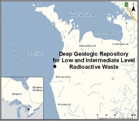 Map showing the location of Deep Geologic Repository for Low and Intermediate Level Radioactive Waste.