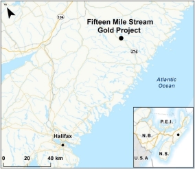 Map showing the location of Fifteen Mile Stream Gold Project.