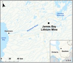 Map showing the location of James Bay Lithium Mine.