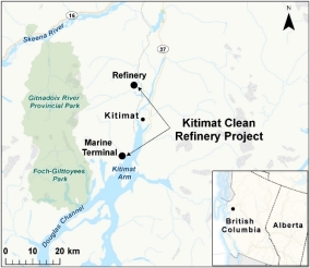 Map showing the location of Kitimat Clean Refinery Project.
