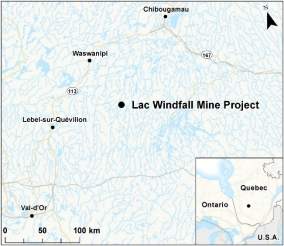 Map showing the location of Lac Windfall Mine Project.