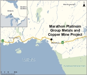 Map showing the location of Marathon Platinum Group Metals and Copper Mine Project.