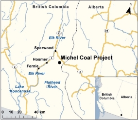 Map showing the location of Michel Coal Project.