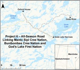 Map showing the location of Project 6 All-season road linking Manto Sipi Cree Nation, Bunibonibee Cree Nation and God’s Lake First Nation.