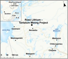 Map showing the location of Rose Lithium Tantalum Mining Project.