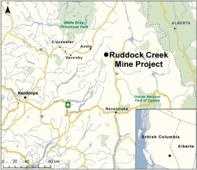 Map showing the location of Ruddock Creek Mine Project.