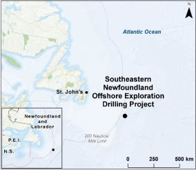Map showing the location of Southeastern Newfoundland Offshore Exploration Drilling Project.