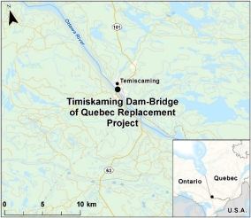 Map showing the location of Timiskaming Dam-Bridge of Quebec Replacement Project.