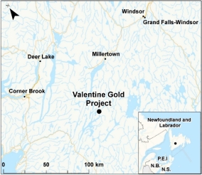 Map showing the location of Valentine Gold Project.