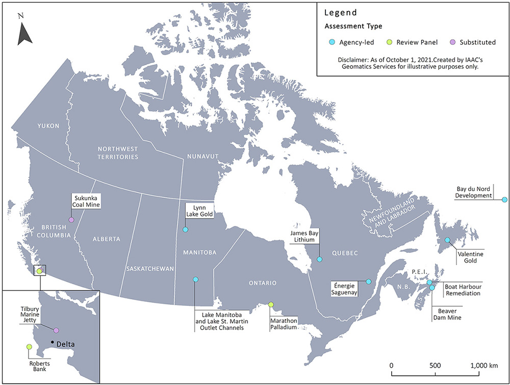 Figure 1 – Map of Canada depicting the projects undergoing an environmental assessment under the Canadian Environmental Assessment Act, 2012 for which a ministerial decision is expected before or by July 2022