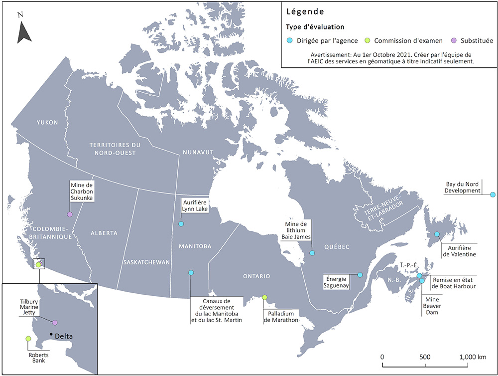 Figure 1 – Carte du Canada illustrant les projets faisant l’objet d’une évaluation environnementale en vertu de la Loi canadienne sur l’évaluation environnementale 2012 et pour lesquels une décision du ministre est attendue au plus tard le 22 juillet 2022