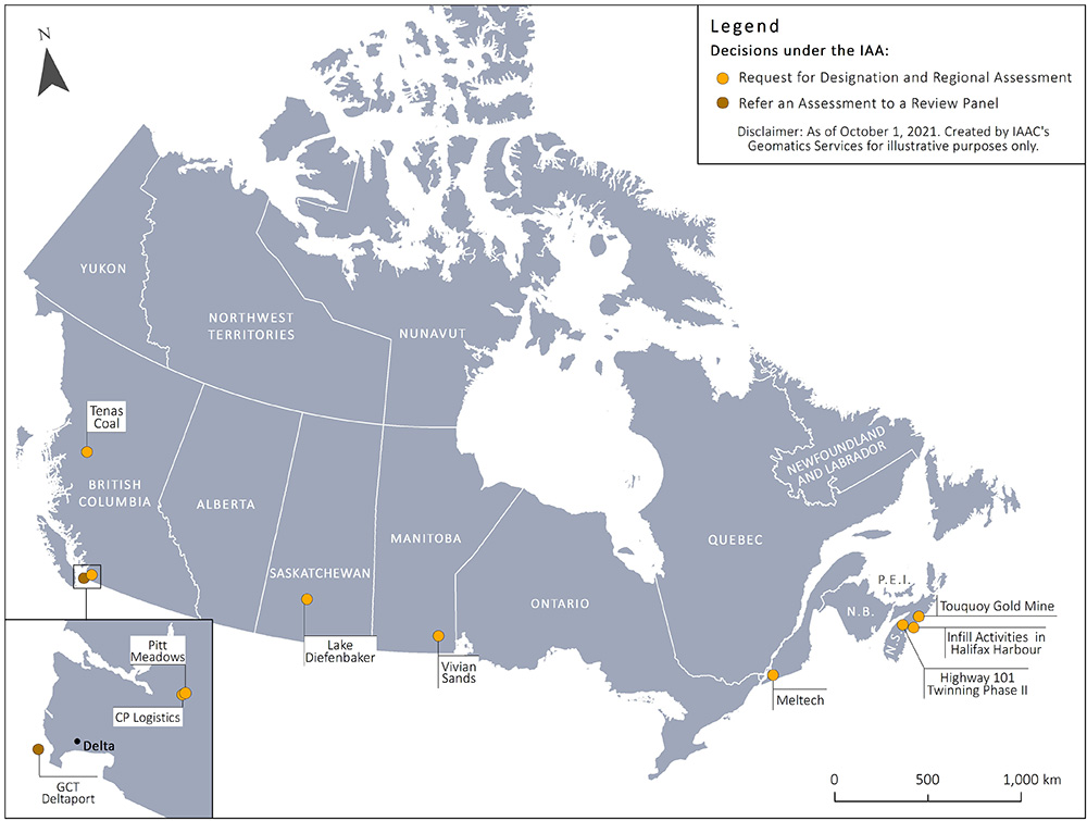 Figure 3 – Map of Canada depicting the projects for which a ministerial decision or response under the Impact Assessment Act is anticipated by January 2022